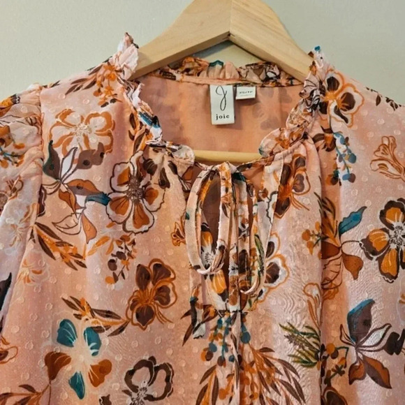 Joie Peach Floral Bohemian Peasant Chiffon Swiss Dot Ruffle Top Tie Blouse XS. - Picture 6 of 16